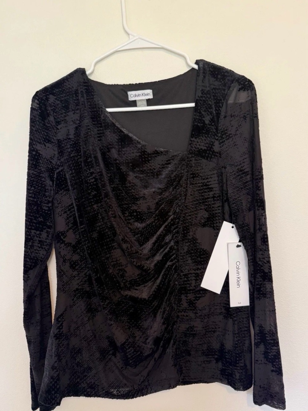Calvin Klein Black Velvet-Effect Long Sleeve Draped Top Size L NWT